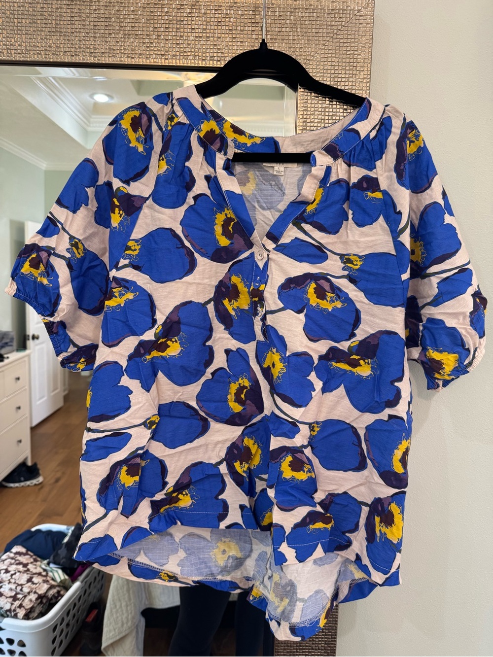 Umgee Blue and Yellow Floral Button-Front Blouse